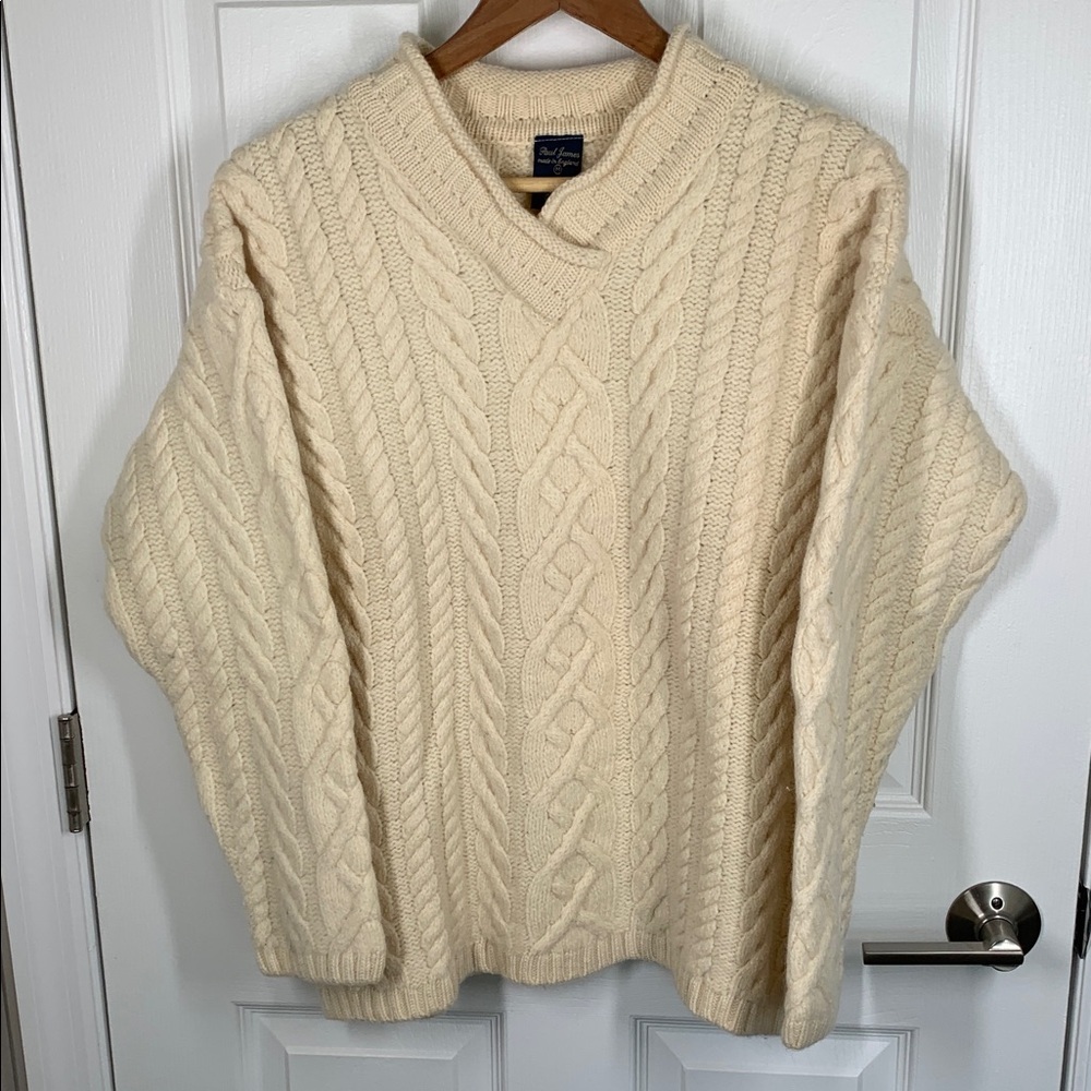 Paul James ivory wool v-neck cable knit fisherman’s sweater jumper size medium